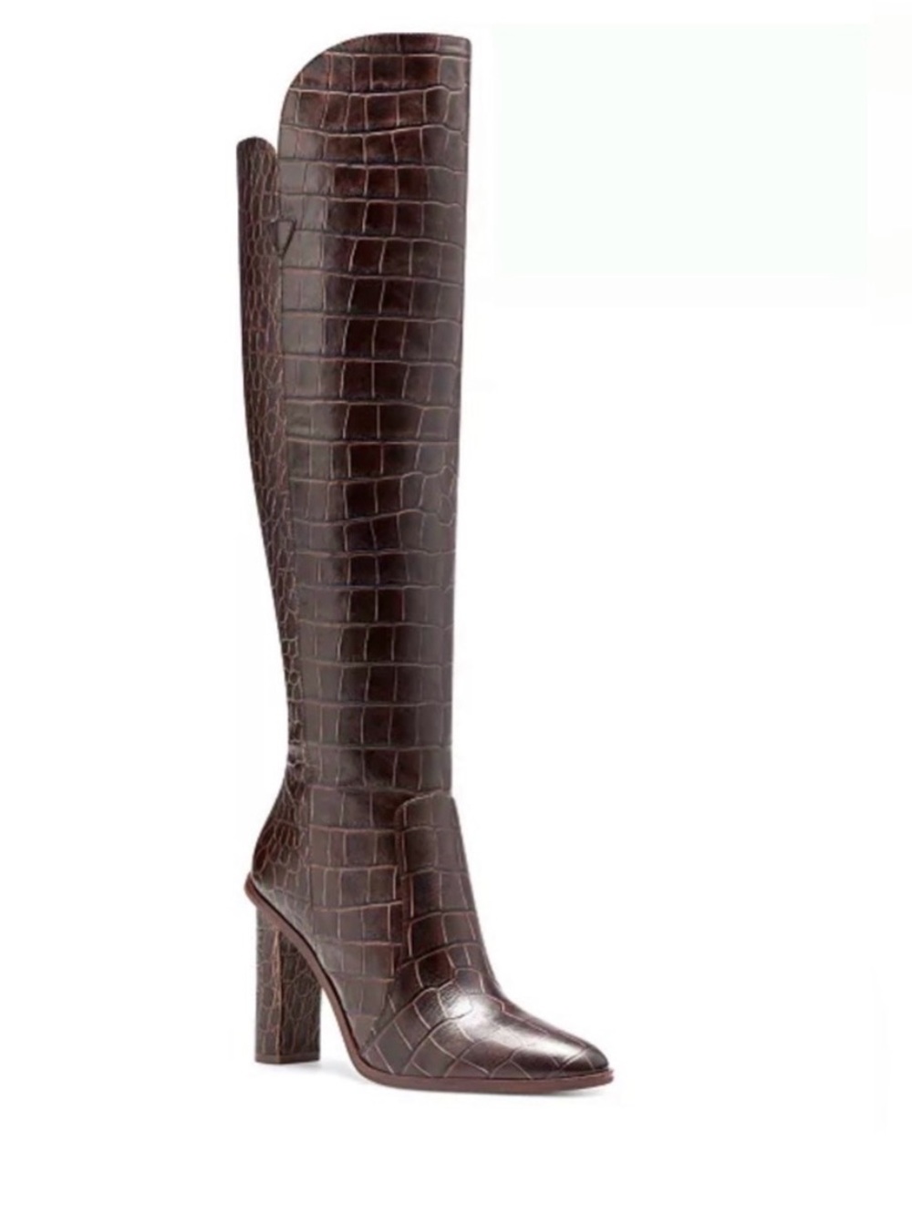 Vince Camuto Dark Brown Croc-Embossed Over-the-Knee Block Heel Boots